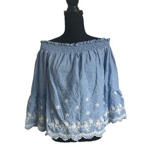 5/25$ ✨ BabyBlue Off-Shoulder Top with White Embroidery
